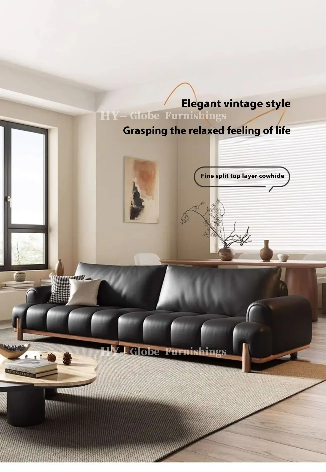 Globe Sofa - Black genuine leather cloud-shaped sofa