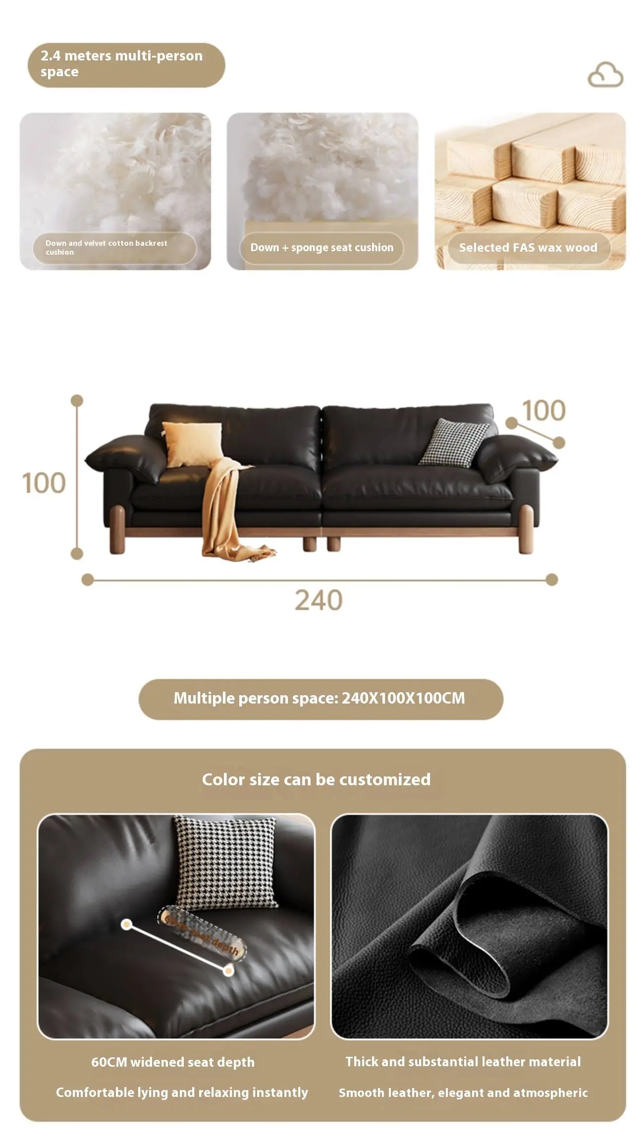 Globe Sofa - French retro style straight row top grain leather sofa SKU-04-24米直排多人位