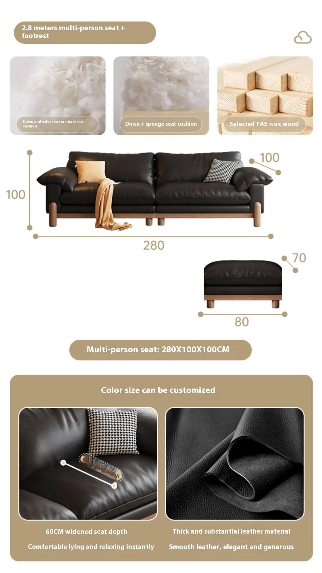 Globe Sofa - French retro style straight row top grain leather sofa SKU-12-28米直排多人位脚踏