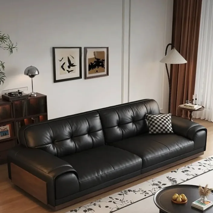 Vintage-Style Minimalist Modern Large Black Leather Sofa