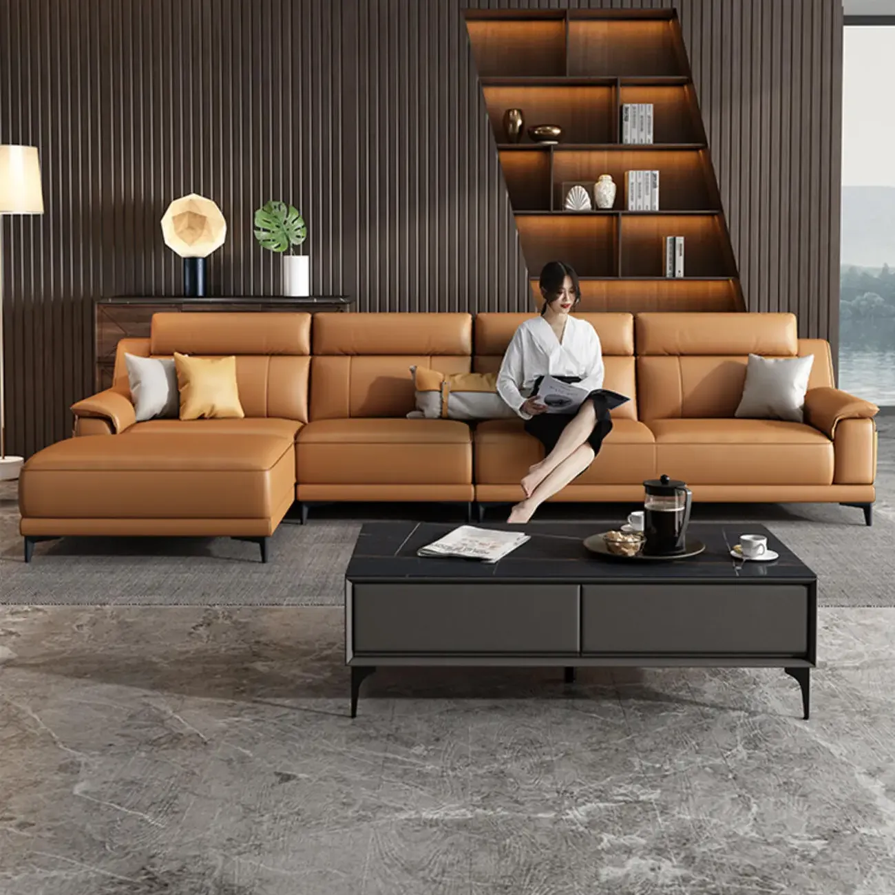 主图-01 Globe Sofa - Italian Minimalist Top-Grain Leather Chaise Corner Sofa