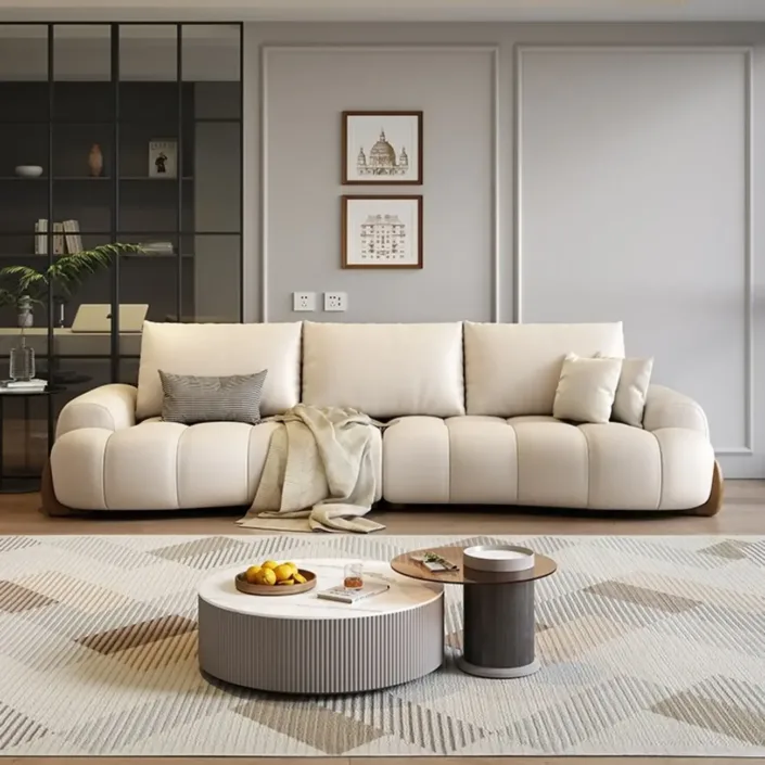 Globe Sofa - Italian Curved Cream-Colored Leather Sofa Globe Sofa - Italian Curved Cream-Colored Leather Sofa