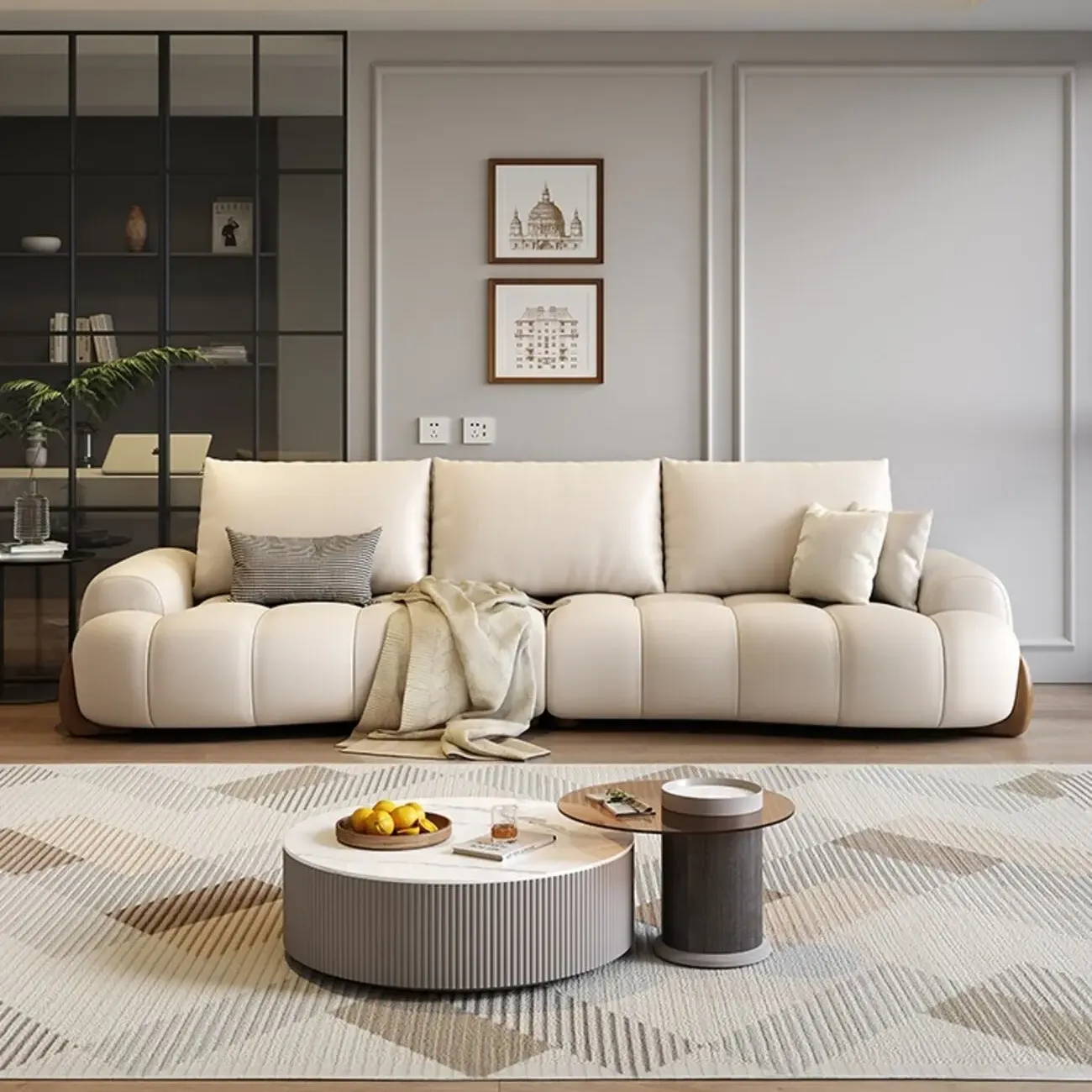 主图-01 Globe Sofa - Italian Curved Cream-Colored Leather Sofa
