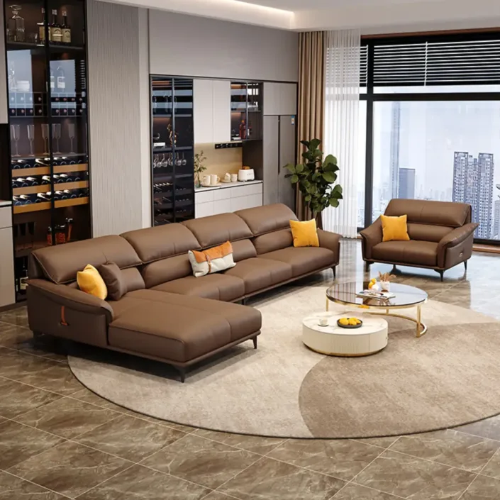 Italian minimalist top-grain leather corner sofa set