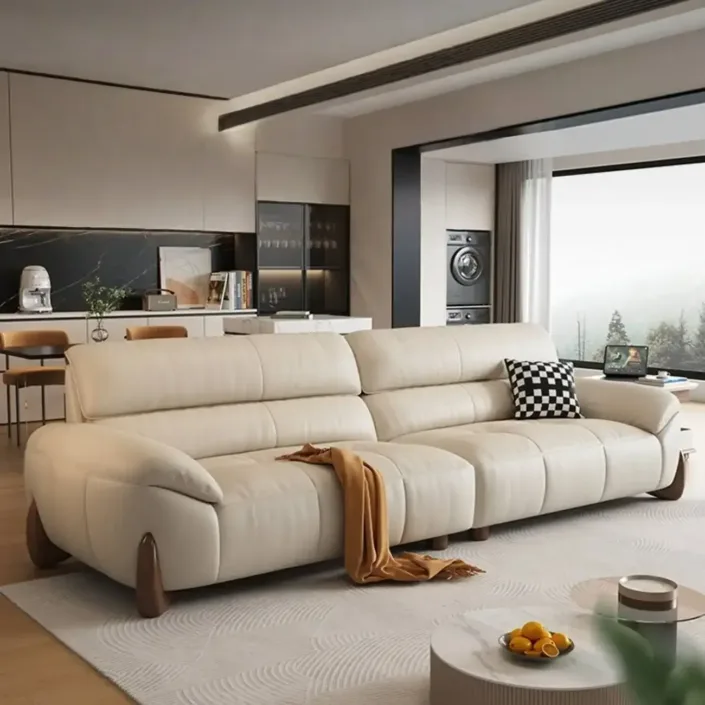 Cream-colored Italian minimalist Nordic leather sofa