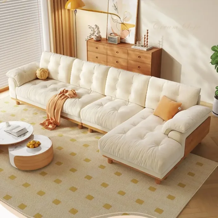 Vintage-Style Solid Wood Cloud-Pattern Upholstered Sofa