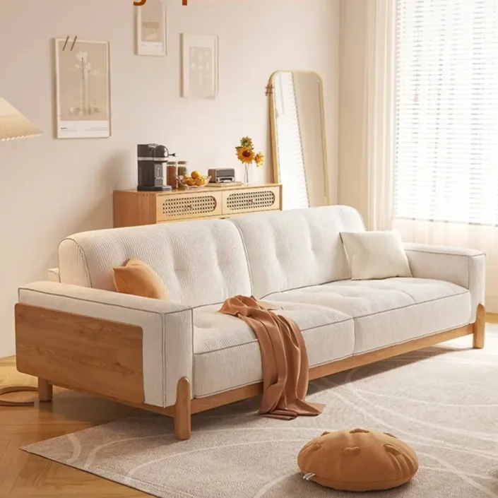 Rustic Wooden Sofa with Corduroy Cushions