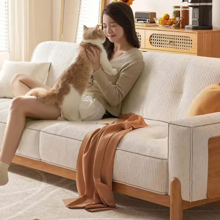 Globe Sofa - Rustic Wooden Sofa with Corduroy Cushions Globe Sofa - Rustic Wooden Sofa with Corduroy Cushions