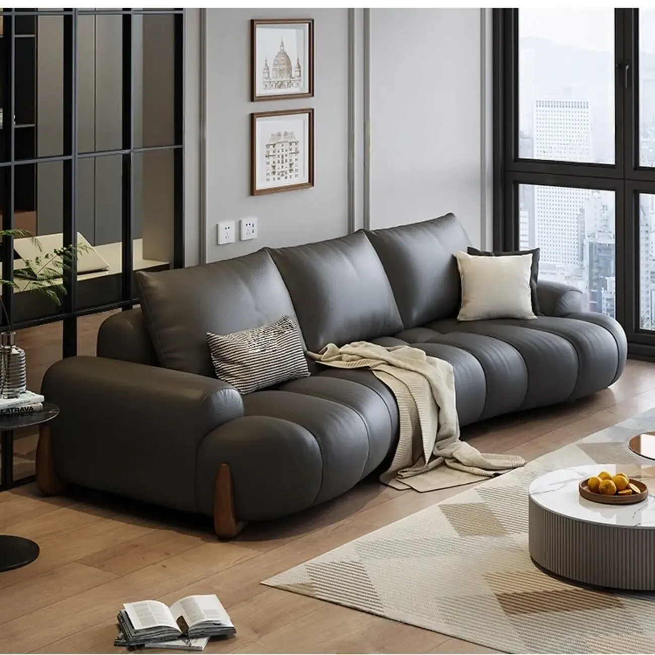 主图-06 Globe Sofa - Italian Curved Cream-Colored Leather Sofa