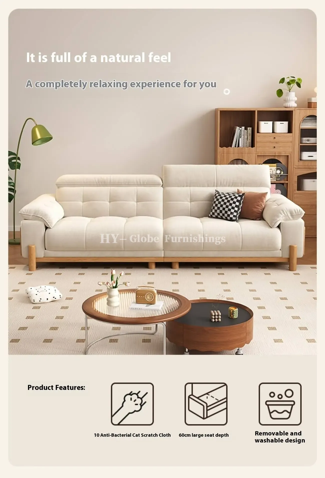 Globe Sofa - Solid Wood Cream-Style Upholstered Sofa