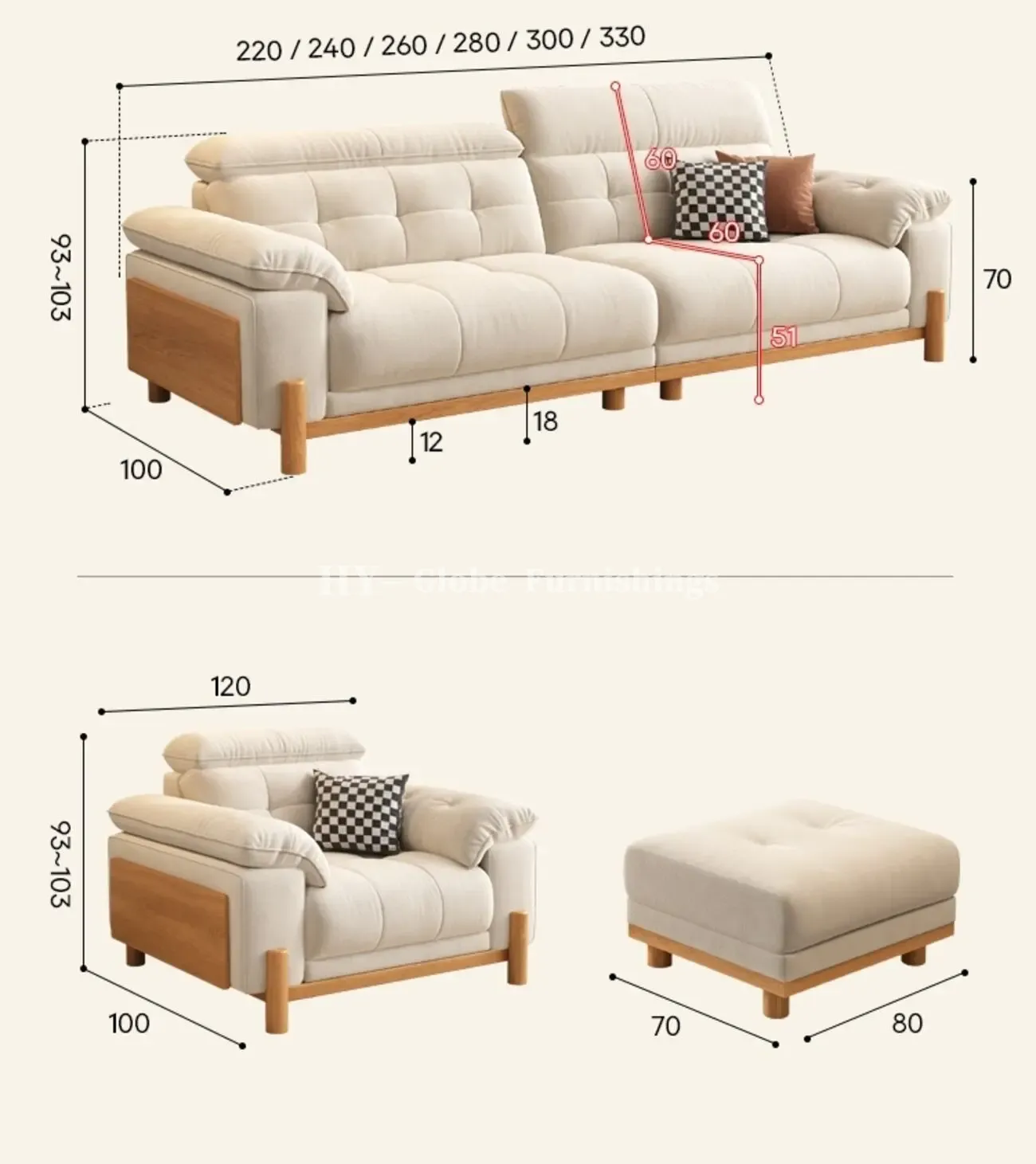 Globe Sofa - Solid Wood Cream-Style Upholstered Sofa
