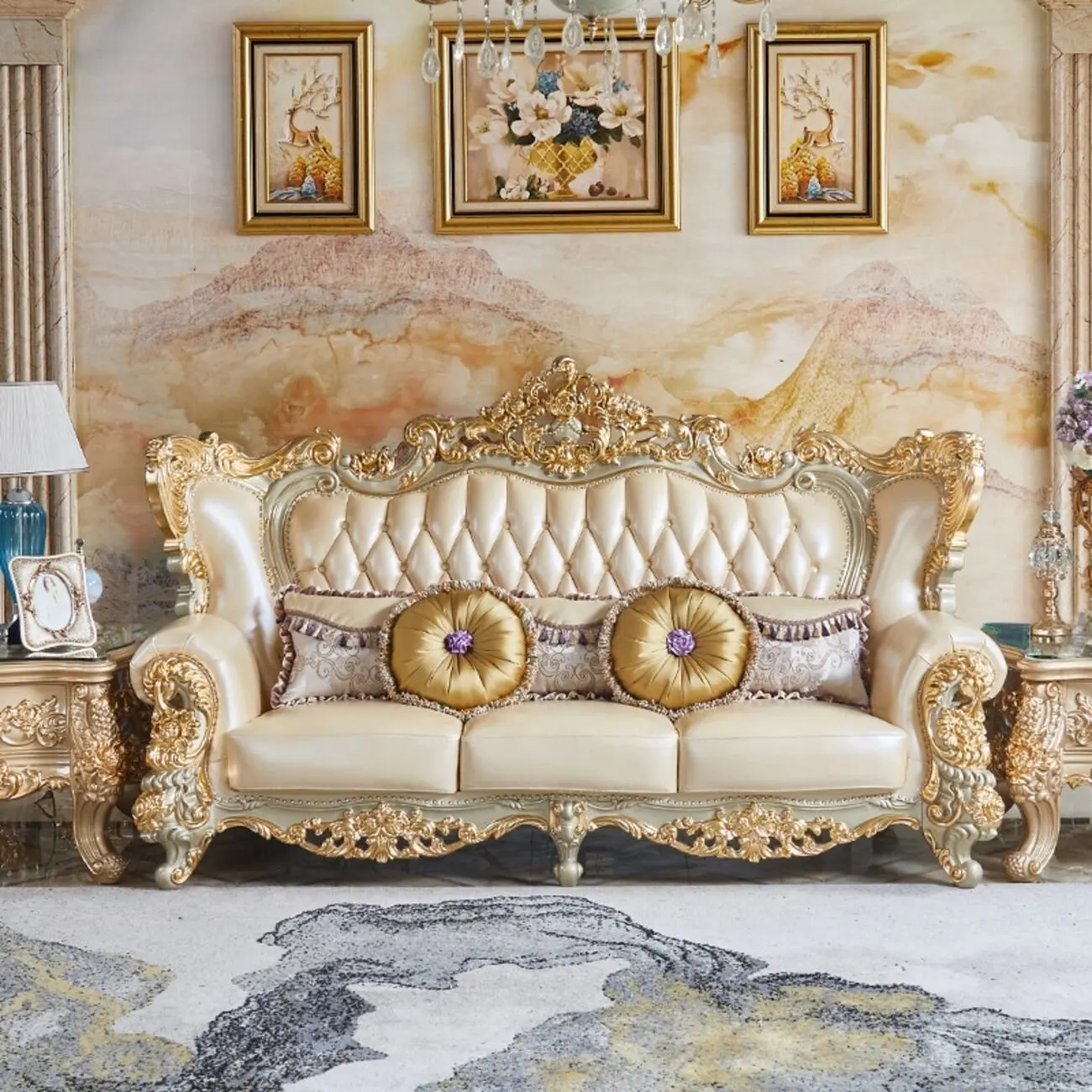 主图-4 Globe Sofa - Top European Solid Wood Carved Villa Top Layer Cowhide Sofa