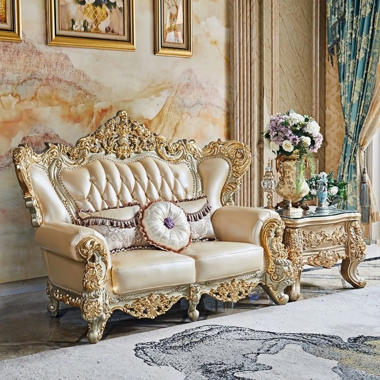 主图-5 Globe Sofa - Top European Solid Wood Carved Villa Top Layer Cowhide Sofa
