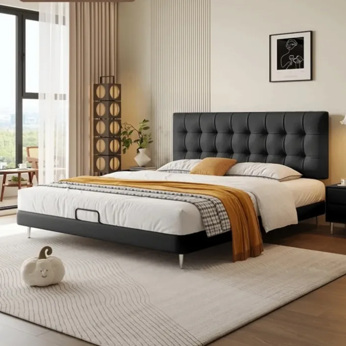 Italian-Style Waffle-Pattern Genuine Leather Bed